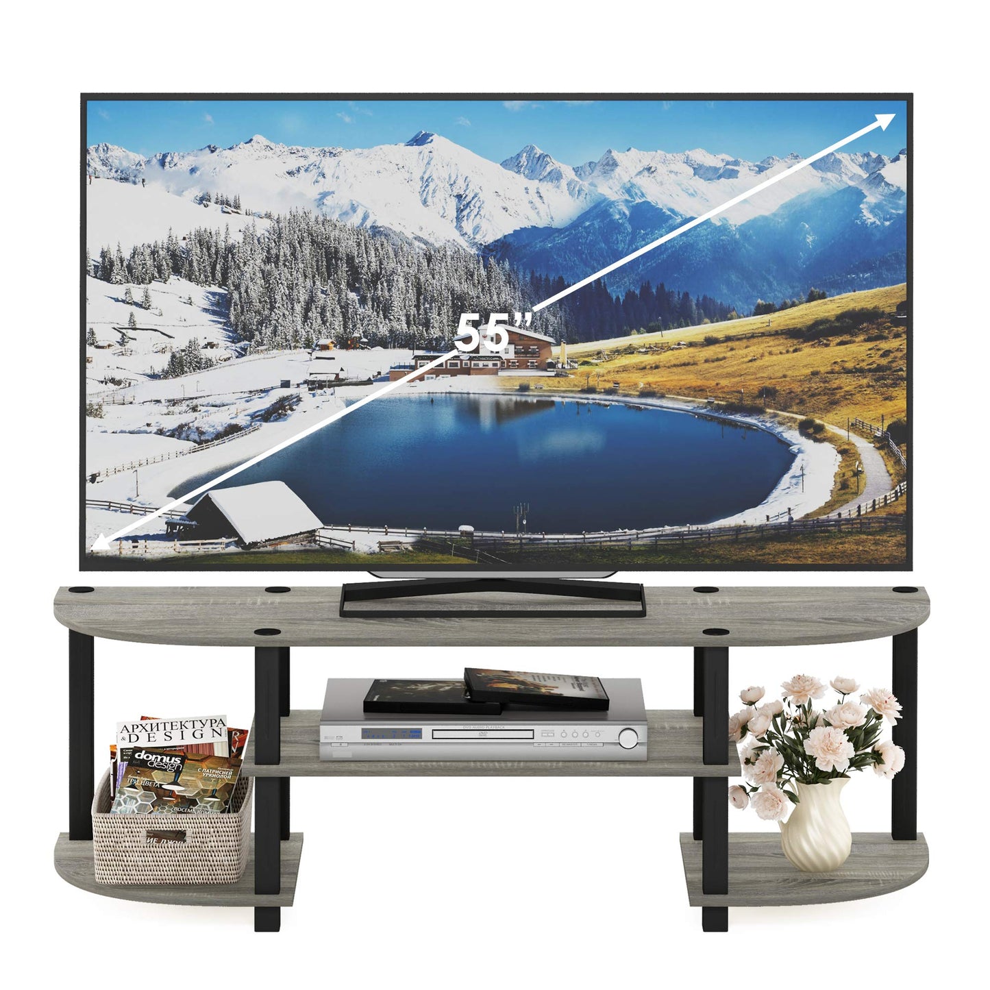 Furinno TURN-S-TUBE TV Stand, Wide Entertainment Center, TV Console for TV up to 55 Inch, for Living Room, Bedroom, Oak Grey