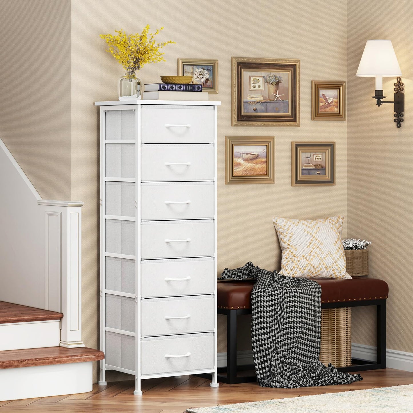 Fixwal Tall Narrow White Dresser for Bedroom, Storage Dresser Organizer with 7 Fabric Drawers, Nightstand Furniture in Closet, Entryway, Hallway