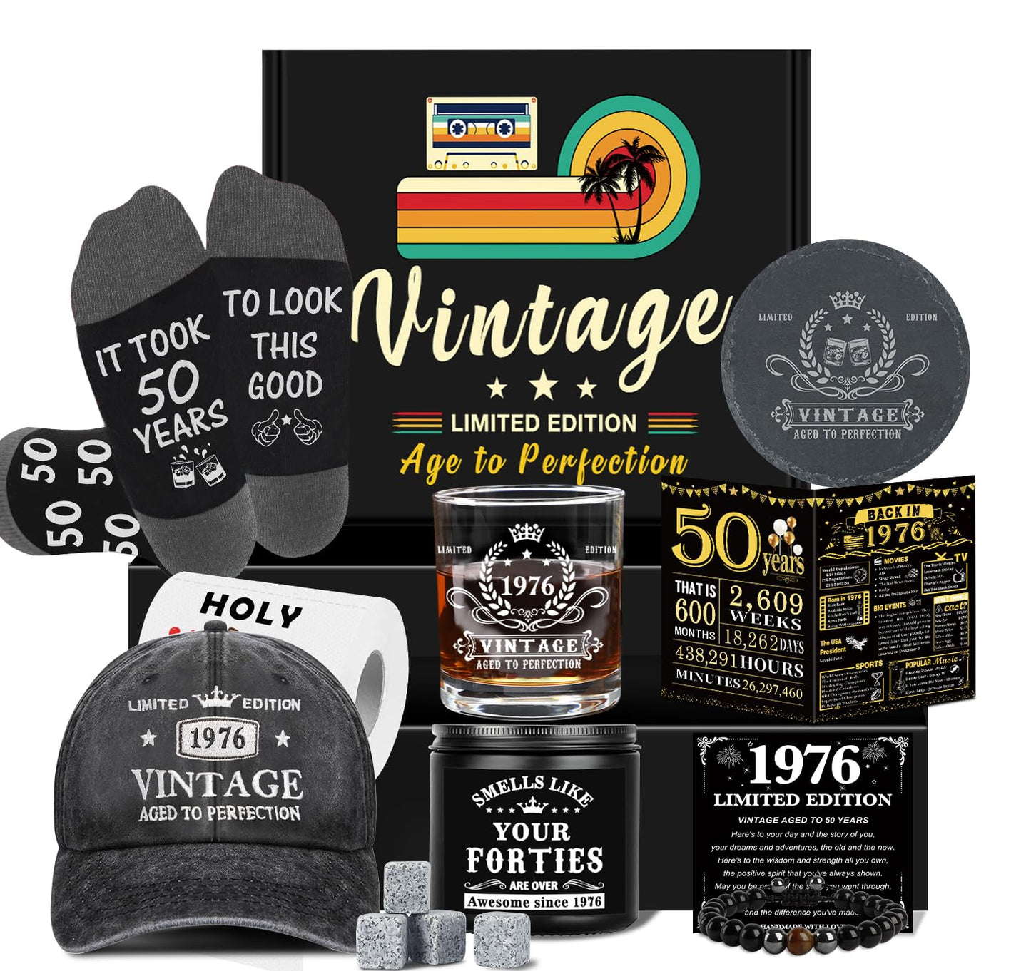 50th Birthday Gifts for Him, Happy 50th Birthday Decorations for Men, 50 Year Old Gifts for Man Who Have Everything, 1976 50th Birthday Gift Baskets for Men Whiskey Glass Baseball Cap Socks Stones