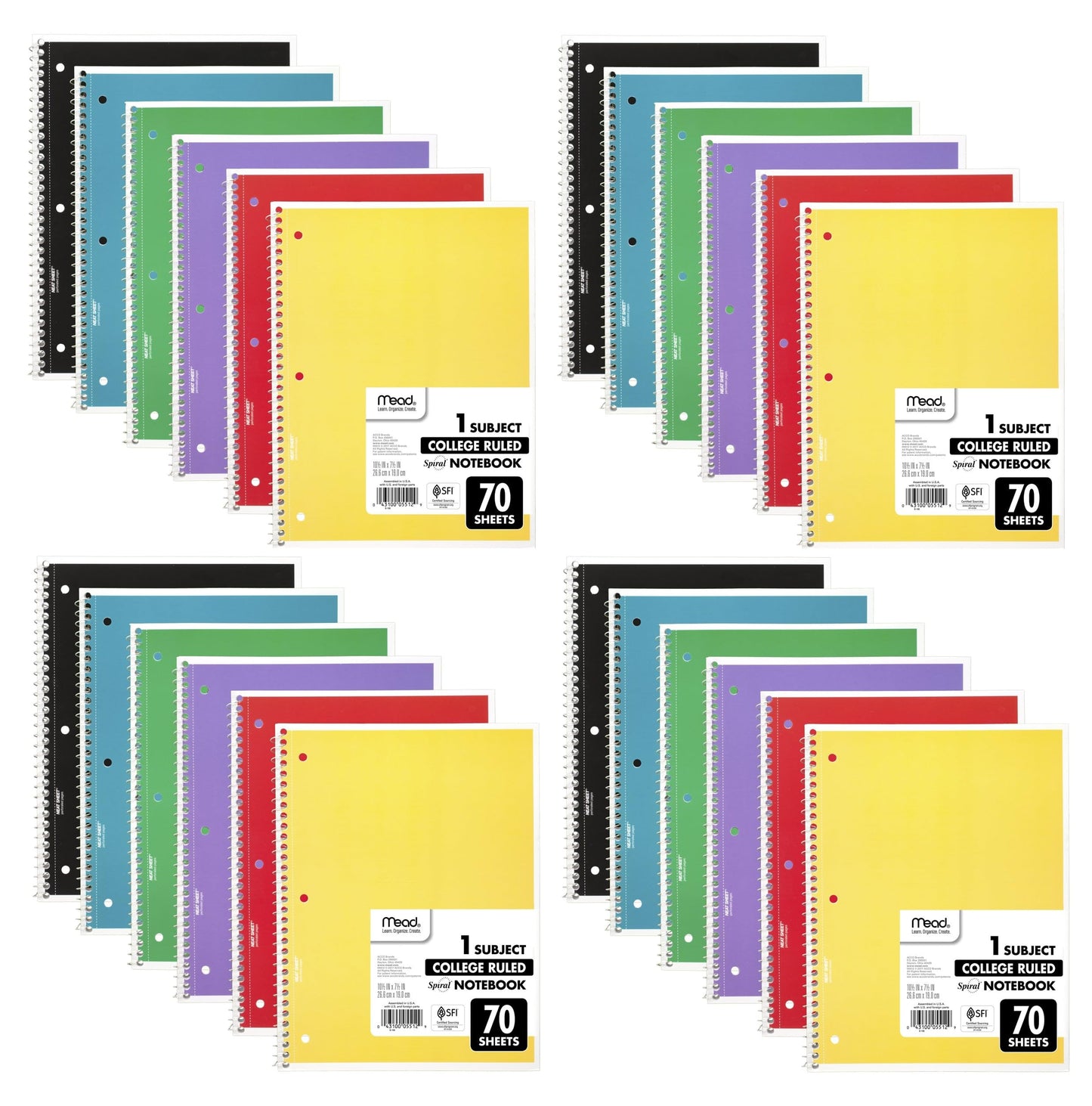 Mead Spiral Notebooks, 24 Pack, 1 Subject, College Ruled Paper, 7-1/2" x 10-1/2", 70 Sheets per Notebook, Colors Will Vary (830062-ECM25)