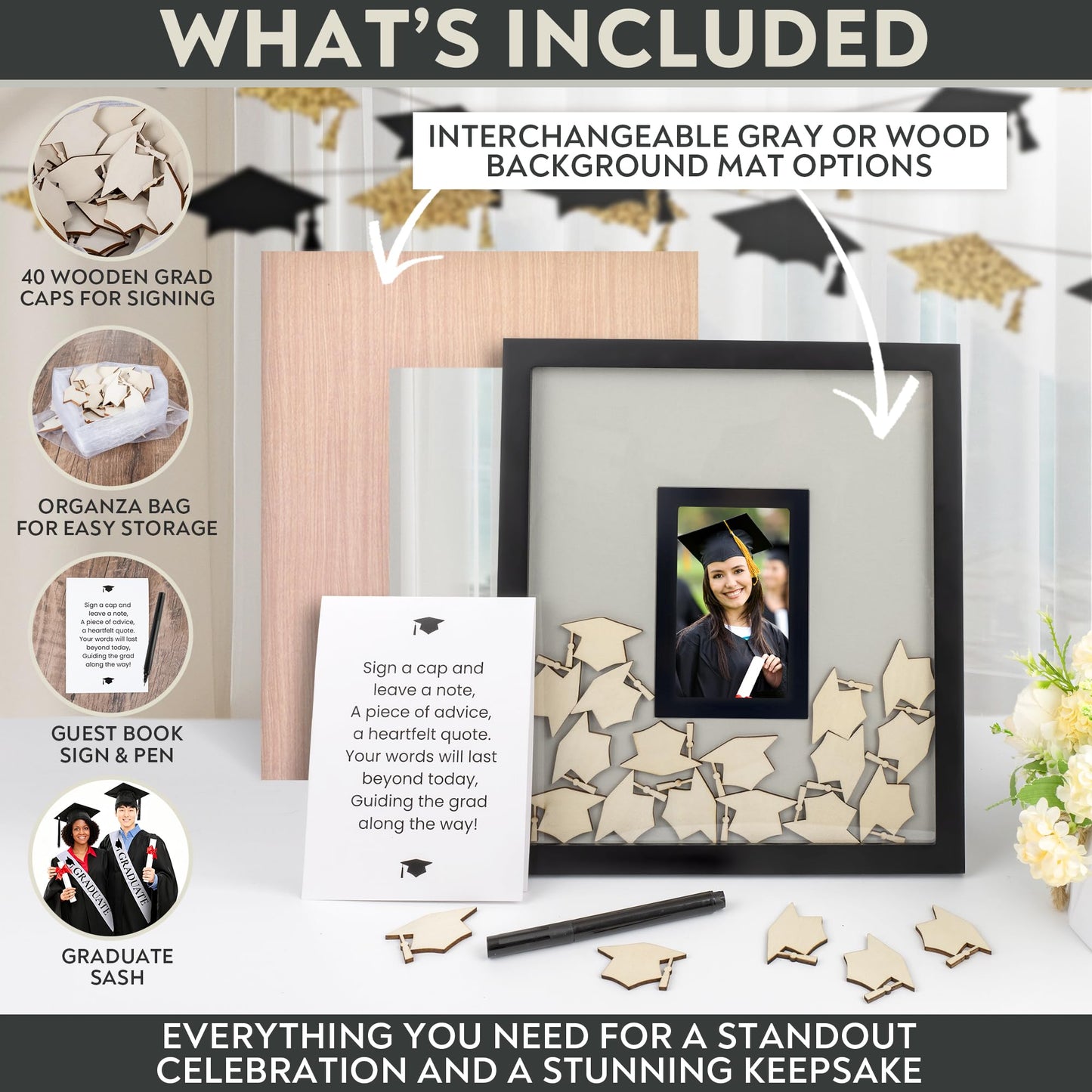 Graduation Guest Book 2026 – Wooden Cap Drop Frame Guestbook for Graduation Party with Wooden Grad Caps, Photo Slot & Pen, Grad Guest Book, Graduation Sign in Book, Graduation Book to Sign, Grad Party