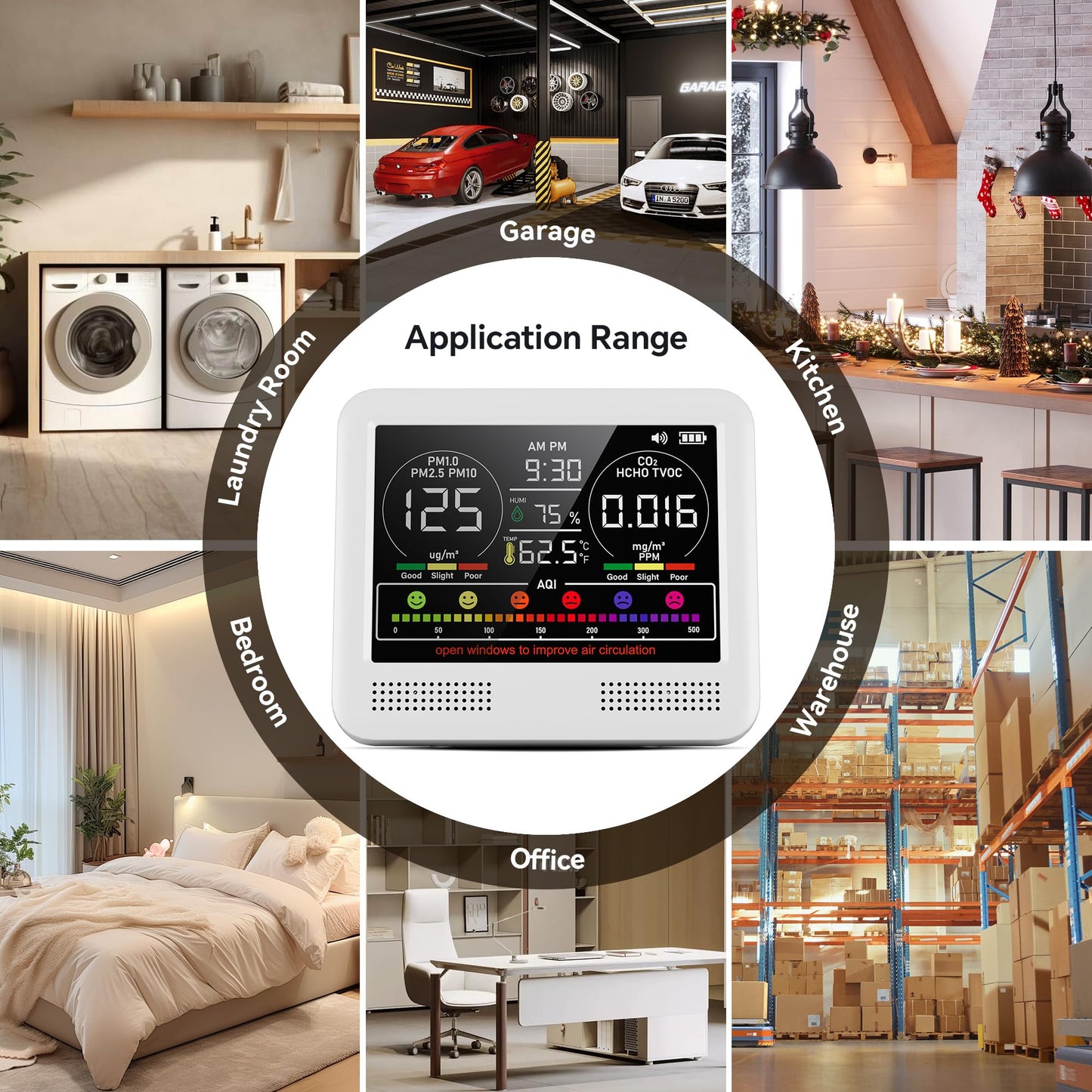 16-in-1 Air Quality Monitor Indoor, Portable Air Quality Tester for Home, Office, Formaldehyde Detector with Beep Alarm, AQI | PM1.0 | PM2.5 | PM10 | CO2 |Temp | HUM | Time, Voc Tester (Bright White)