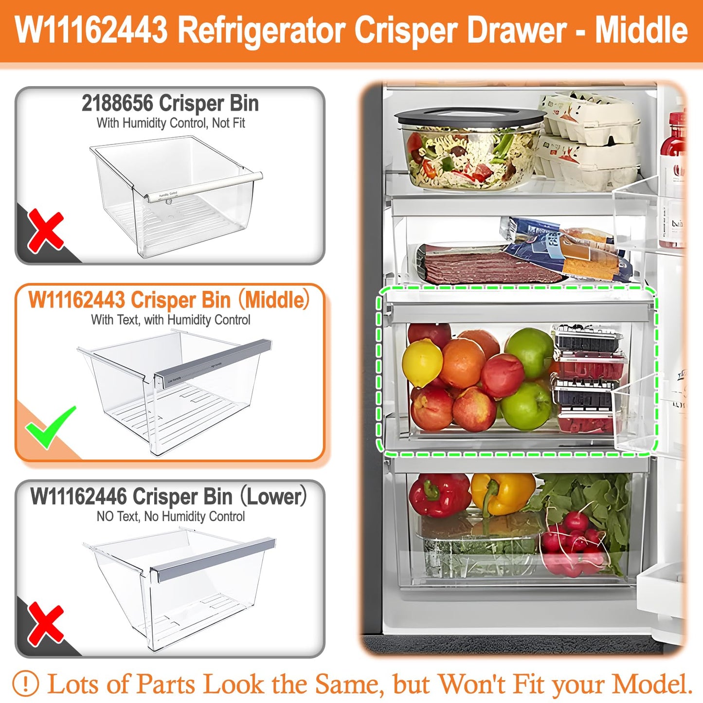 UPGRADED W11162443 Refrigerator Crisper Drawer Compatible with Whirlpool Fridge Drawer Replacement Parts Whirlpool Refrigerator Drawers WRS315SDHZ02 WRS315SDHZ05 WRS315SDHZ08 WRS325SDHZ08 WRS321SDHZ08