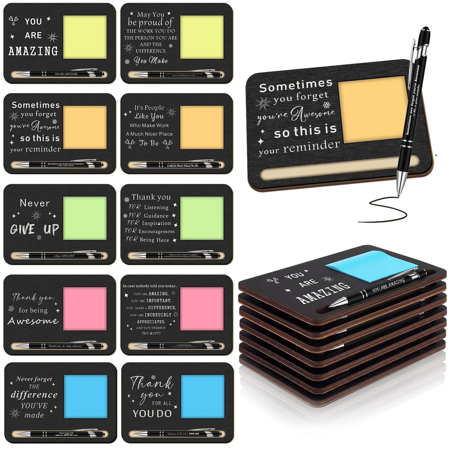 Kosiz 10 Set Employee Appreciation Gifts Wooden Sticky Note Holder with Notes and Ballpoint Pens Inspirational Sticky Notes Sets for Employee Coworker Staff Thank You Appreciation Gifts, Black