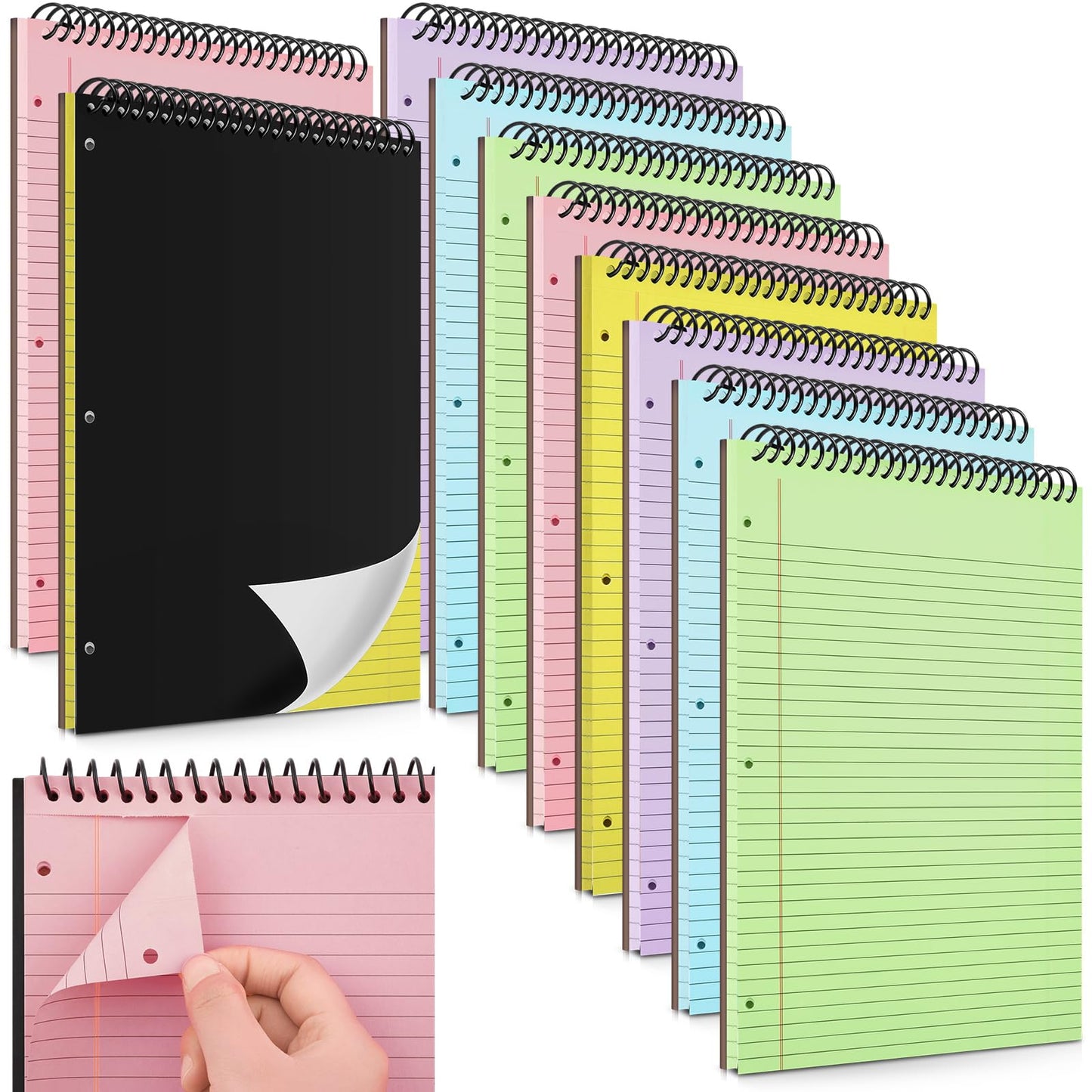 MotiMind 10 Pack 8.5" x 11" Top Spiral Notebook with 3 Hole Punched Multicolor Legal Pads College Ruled Notepad 50 Sheets Hard Cardboard Paper Wirebound Notepad for Office School Business