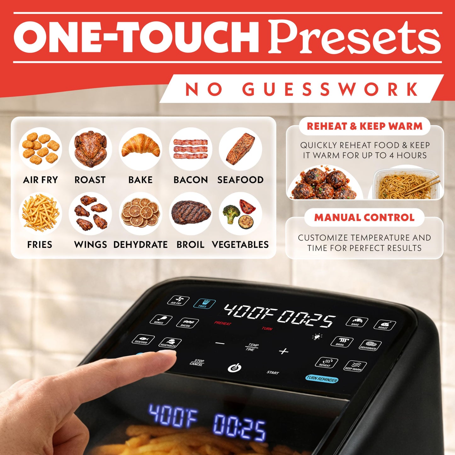 Gourmia Air Fryer 7 QT - Easy View Panorama Window & Interior Light, Guided Cooking with 12 One-Touch Presets, FryForce 360, Dishwasher Safe Accessories, Black