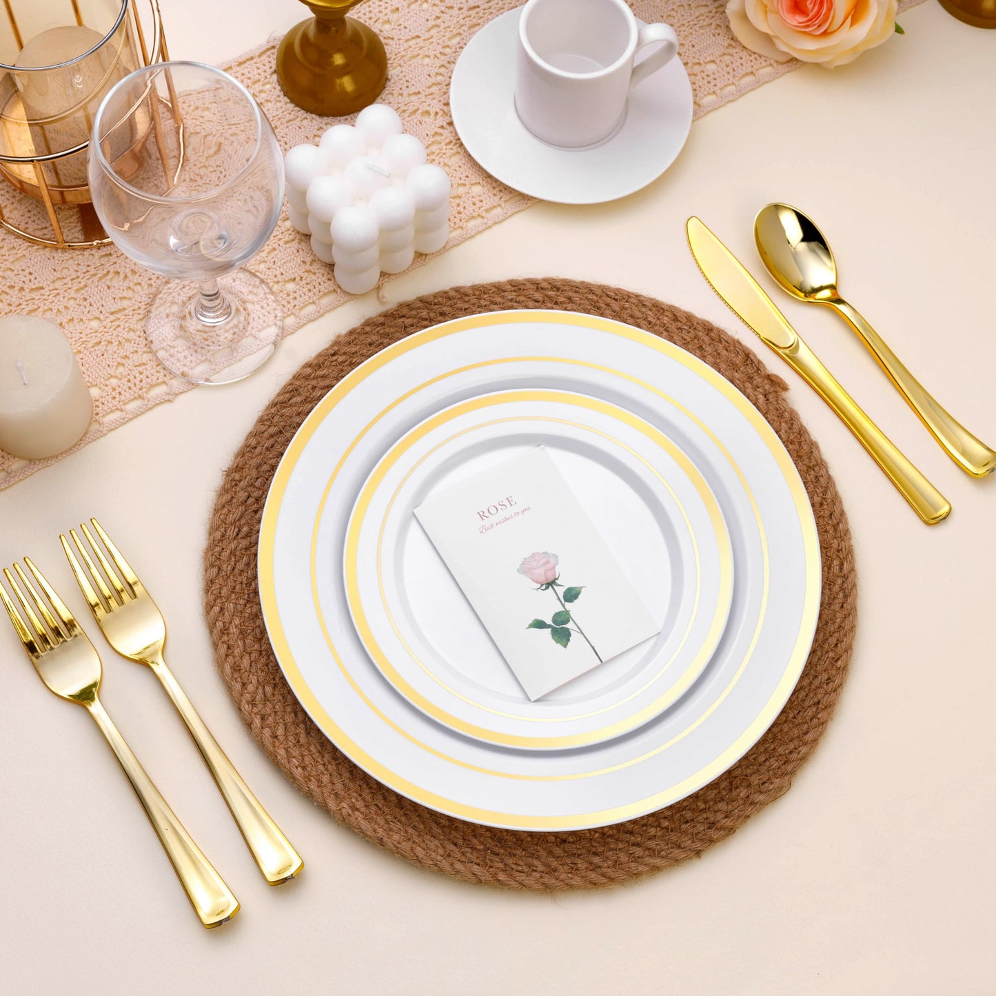 BESTSTAR 100PCS White Plastic Plates for Party, 10.25 Inch Disposable Plates with Gold Rim, Heavy Duty Dinner Plates for Party, Wedding and Birthday