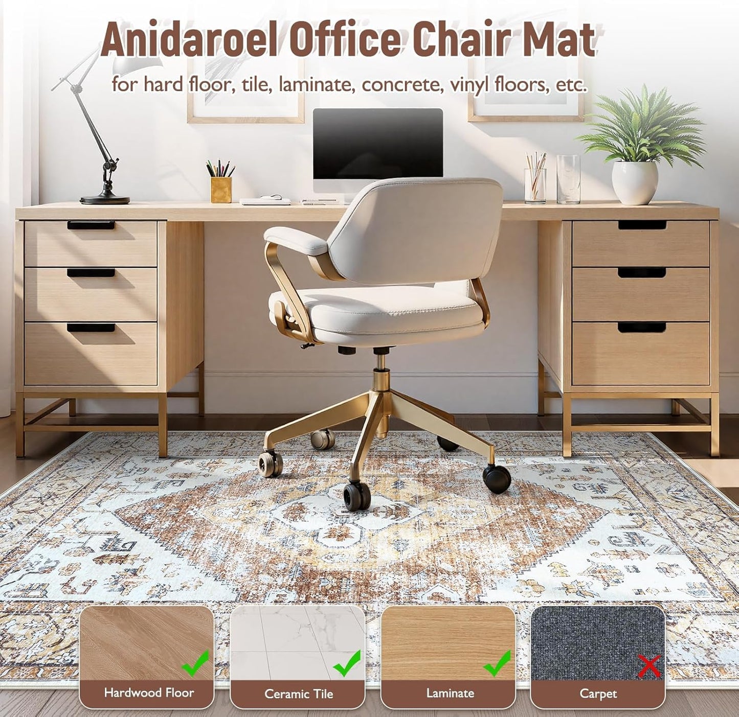 Anidaroel 5x7 Office Chair Mat for Hardwood Floor/Tile, Desk Chair Mat for Home Offices, Under Desk Rug for Rolling Chair, Anti-Slip Office Rugs for Rolling Chairs, Large Floor Protector Rug, Khaki