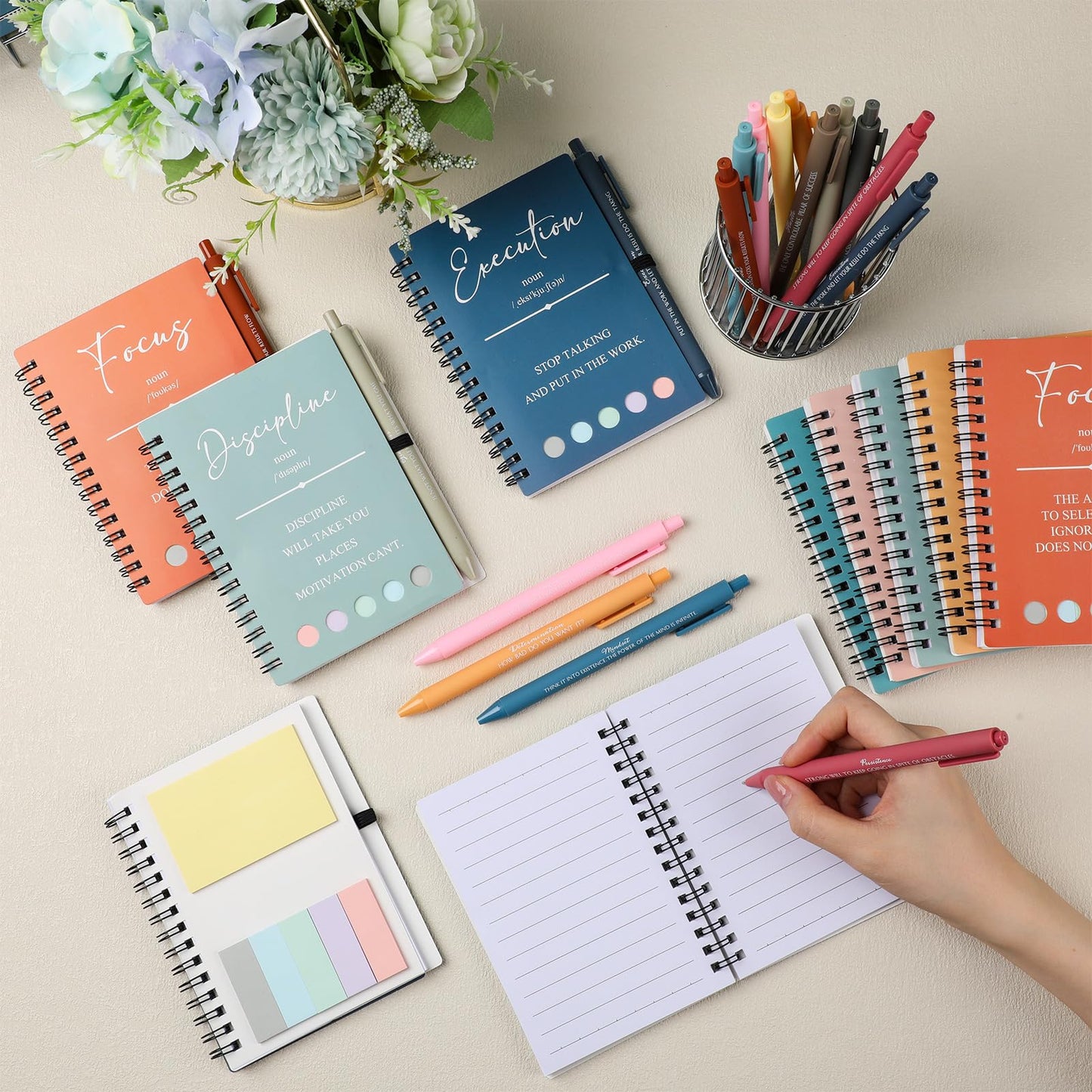 TecUnite 40 Pcs Motivational Spiral Notebooks with Sticky Notes Pen Inspirational Journals Bulk Appreciation Gift for Teacher Nurse Graduation Employee Team Coworker Staff (Macaron)