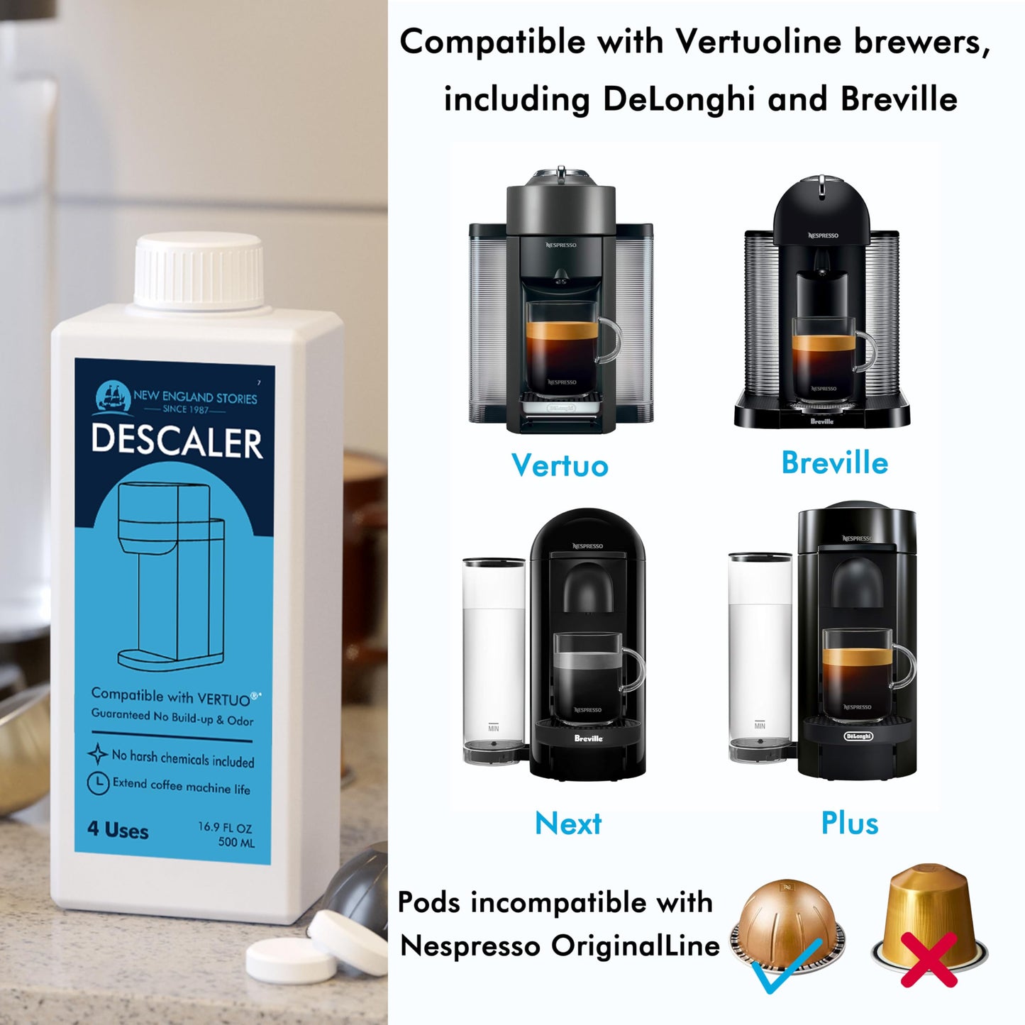(12 Months Supply) Descaling Kit Compatible with Nespresso Vertuo, Odorless Coffee Brewer Machine Descaler Set, Liquid Descaling Solution for Nespresso, Includes Reusable Pod and 12 Cleaning Tablets