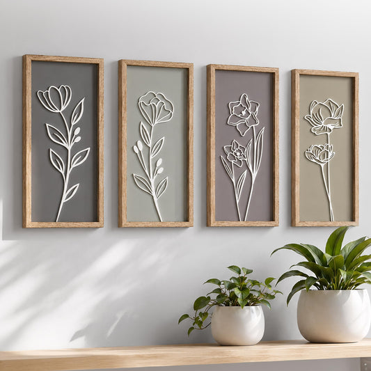 3D Wooden Floral Bathroom Wall Decor (Set of 4) Lightweight, Ready-to-Hang Framed Wall Art For Living Room, Bedroom, or Office - Premium Boho Botanical Farmhouse Decorations - Gift-Boxed
