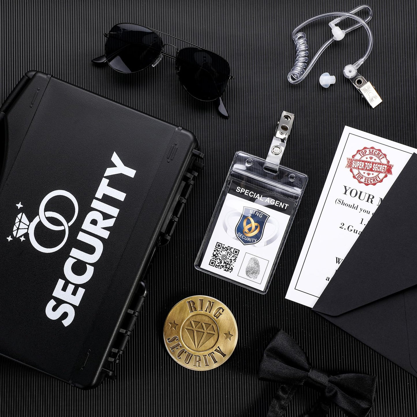 Aoriher Ring Wedding Bearer Security Set Include Ring Bearer Box Security Badge Sunglass Earpiece Bow Tie ID Badge Holder with ID Card Envelope Invitation Card for Proposal Gift(18 Pcs)
