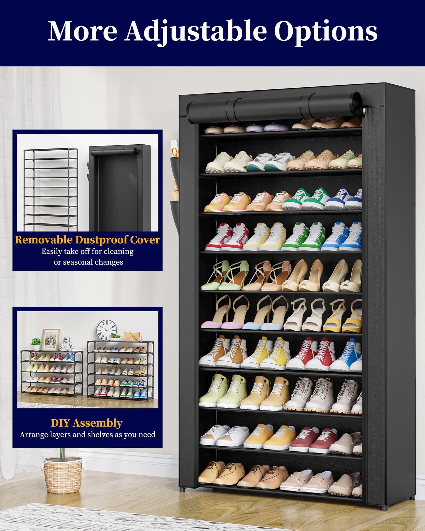 Kitsure Shoe Rack - 10-Tier Shoe Organizer with Zippered Dust Cover & Side Pockets, Easy to Assemble, Space Saving Shoe Rack for Closet, Entryway, Living Room, 33" x 12.4" x 69.3", Black