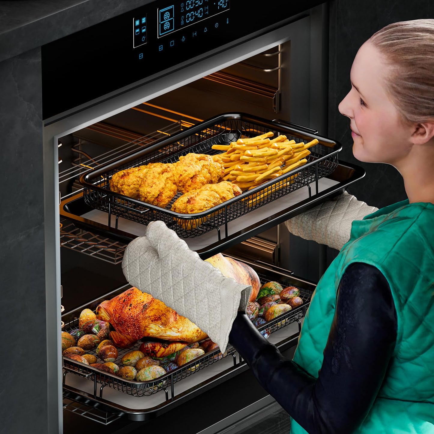 Air Fryer Basket for Oven,2 Set Air Fryer Basket and Tray Set with 60 Sheets Parchment Papers,THORSES Food-Grade Stainless Steel Air Fryer Pan and Crisper Tray-Black Large15"×11"&Medium13.4"×9.6"