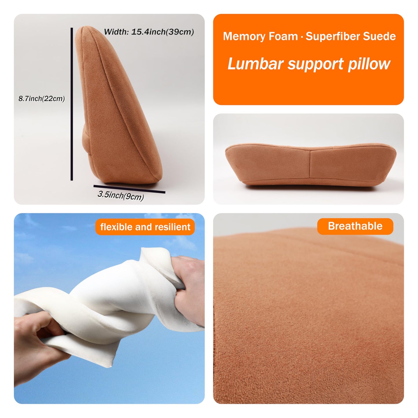 POKSRI Lumbar Support Pillow,Back Pain Relief Cushion,fits tightly around the waist,Memory Foam,Skin-friendly Suede Fabric,fit Car Drive,Office chair,Rest seat,Improve Posture,Portable,15.5''Lx 8.7''H