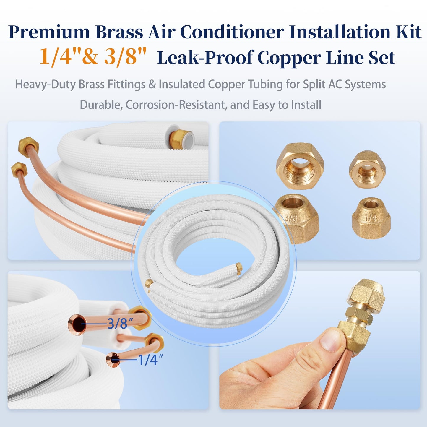 10 Ft Mini split Line set, 1/4"& 3/8" 0.D. Flared copper TubingPipes & 3/8" Thickened PE insulated Coil with Nuts &Installation Kit for Mini Split Air Conditioner & Heat System