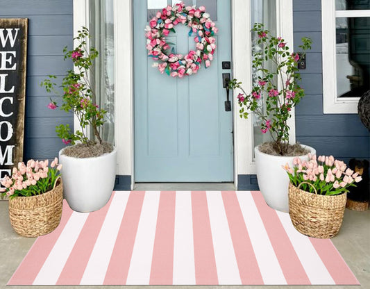 3'x5' Outdoor Rug, Washable Pink and White Striped Porch Rug Cotton Woven Farmhouse Front Door Mats for Porch/Entryway/Home Entrance Decor/Bedroom/Laundry Room/Patio/Front Door