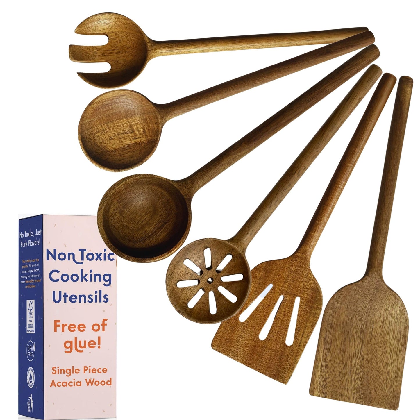 Non-Toxic Cooking Utensils – 6-Piece Kitchen Utensils Set, Glue-Free & One-Piece Wooden Spoons for Cooking, Natural Wooden Utensil Set with Plant-Based Finish, Free of Forever Chemicals