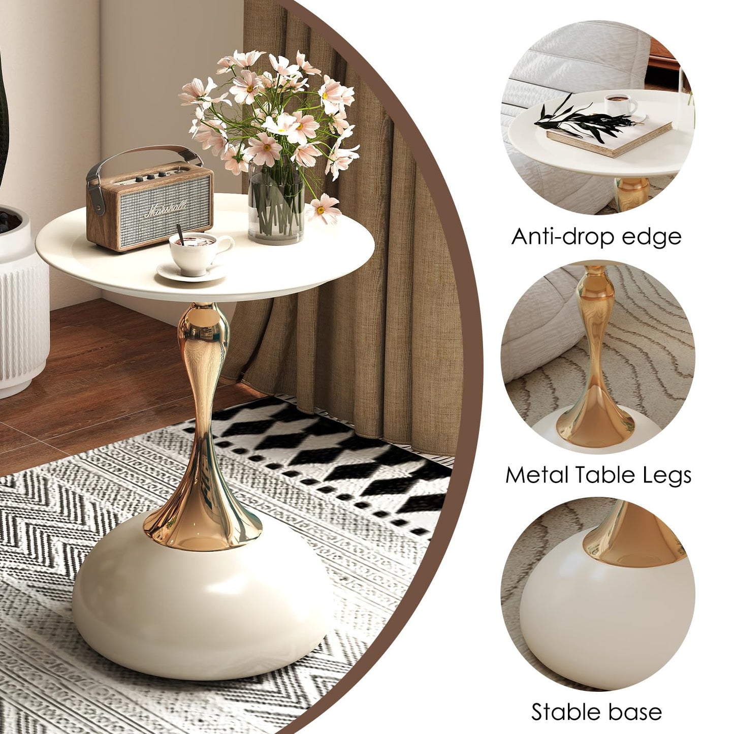 Metal Round End Table,Modern Pedestal Table,Corner Drink Tables,Accent Side Table Nightstand for Living Room,Patio and bar (White-Gold)