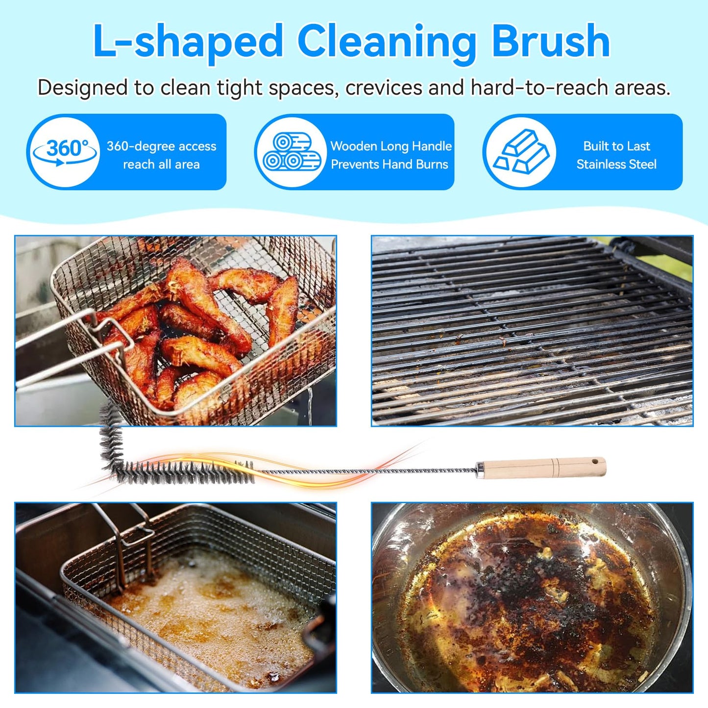 4-Piece Professional Deep Fryer Cleaning Kit - Commercial Stainless Steel Set with Dual-Layer Basket Brush, 3-in-1 Grill Scraper, L-Shape Brush & Drain Wand