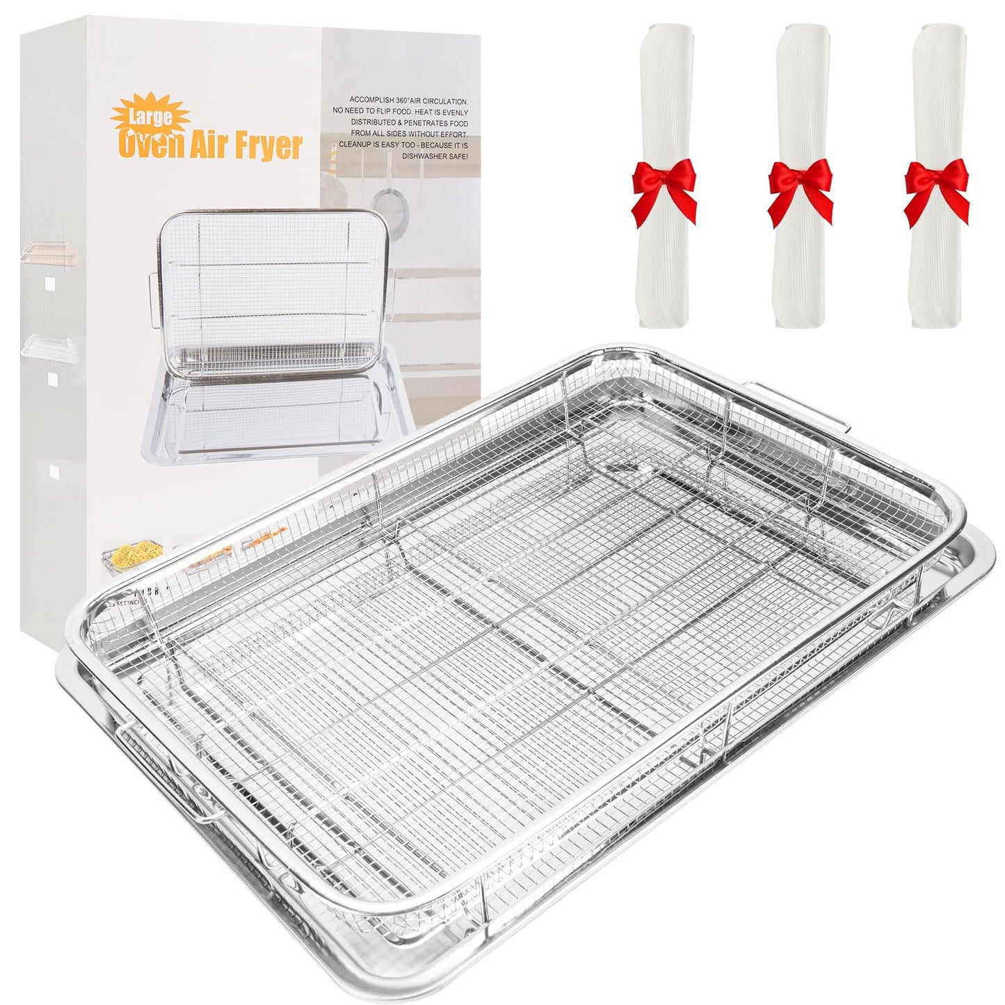 Foedo 18.7" X 12.8" Oven Air Fryer Basket and Tray, Extra Large Stainless Steel Air Fryer Basket with 100 PCS Parchment Papers, Dishwasher Safe & Rustproof