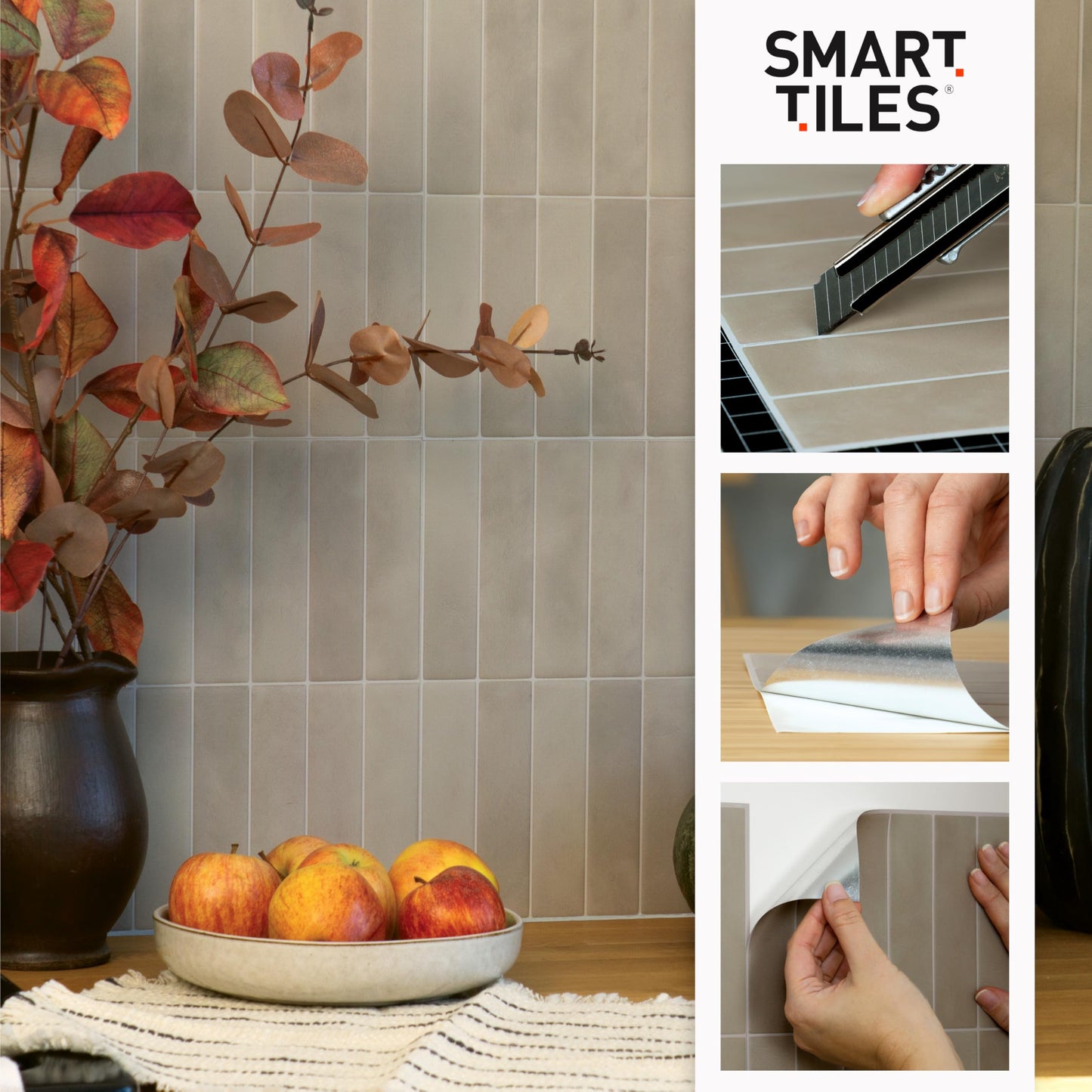 SMART TILES Peel and Stick Backsplash - 5 Sheets of 11.43" x 9" - 3D Adhesive Peel and Stick Tile Backsplash for Kitchen, Bathroom, Wall Tile