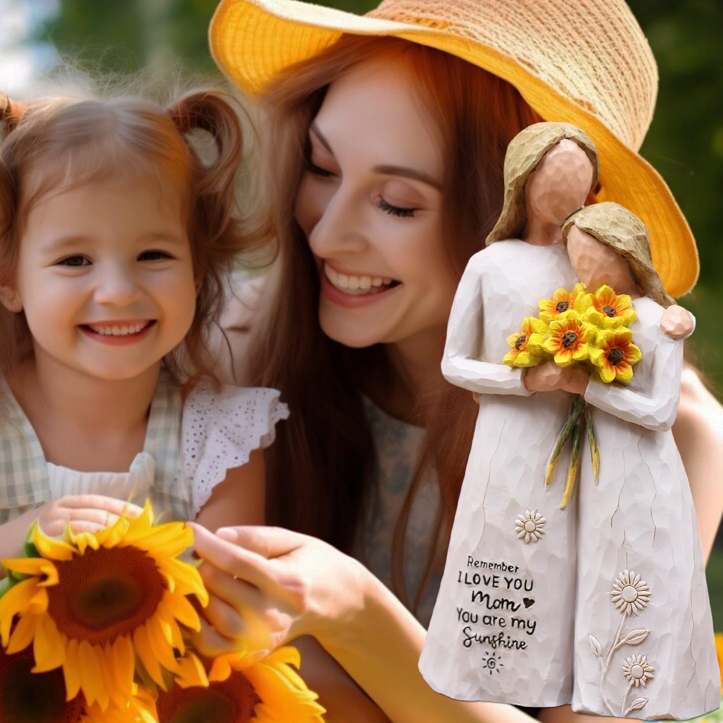 AUMELO Mom Birthday Gifts from Daughter, Gifts for Mom, Hand-Painted Mother Daughter Figurine Holding Sunflowers, 5.7" Resin Keepsake for Mothers Day, Christmas, Mother of the Bride(White)