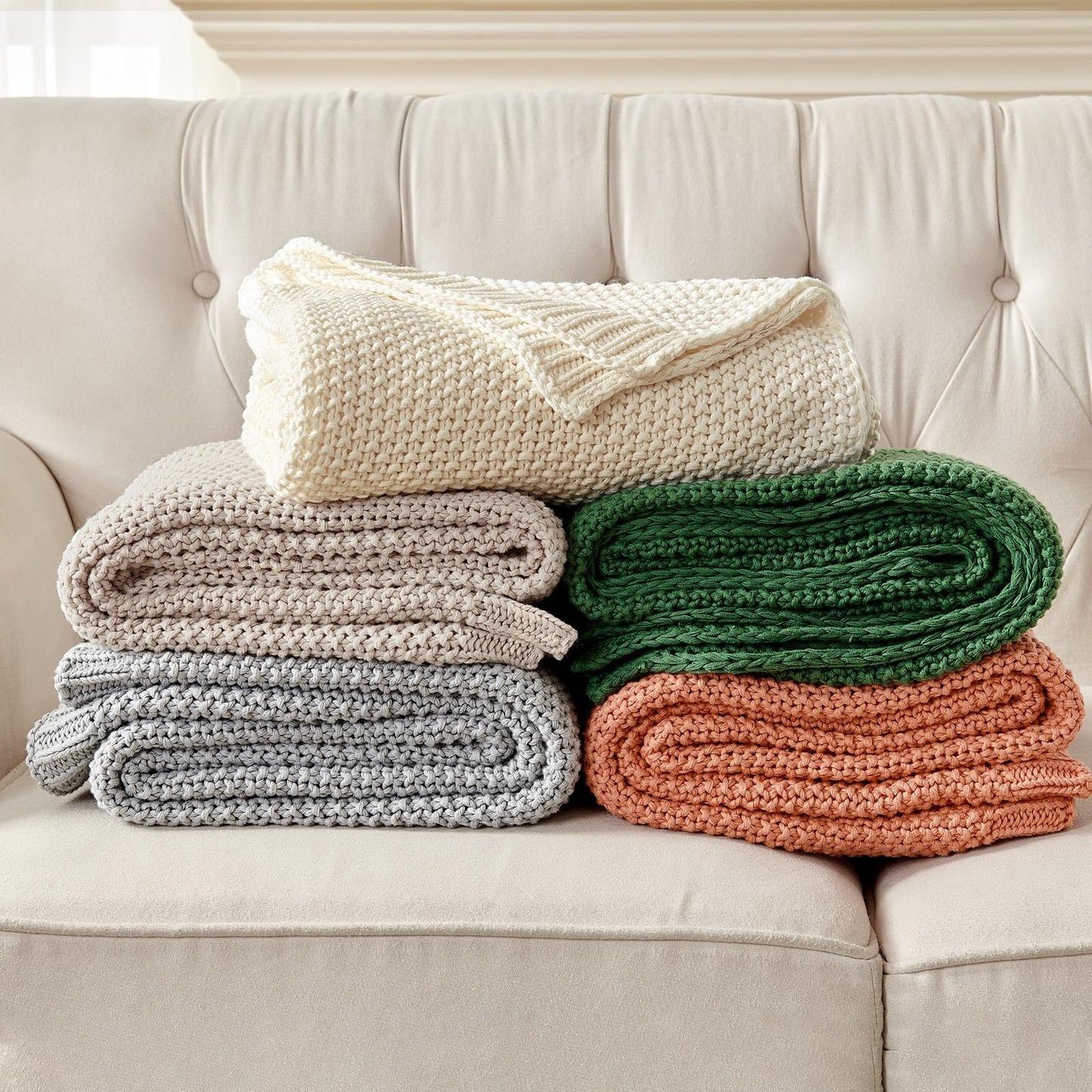 Joydeco Chunky Cable Knit Throw Blanket, Lightweight 100% Organic Cotton Soft Cozy Throw Twin Blanket for Couch Bed and Sofa, Rustic Breathable Farmhouse Blanket Gift for Women Men(Beige, 60"x80")