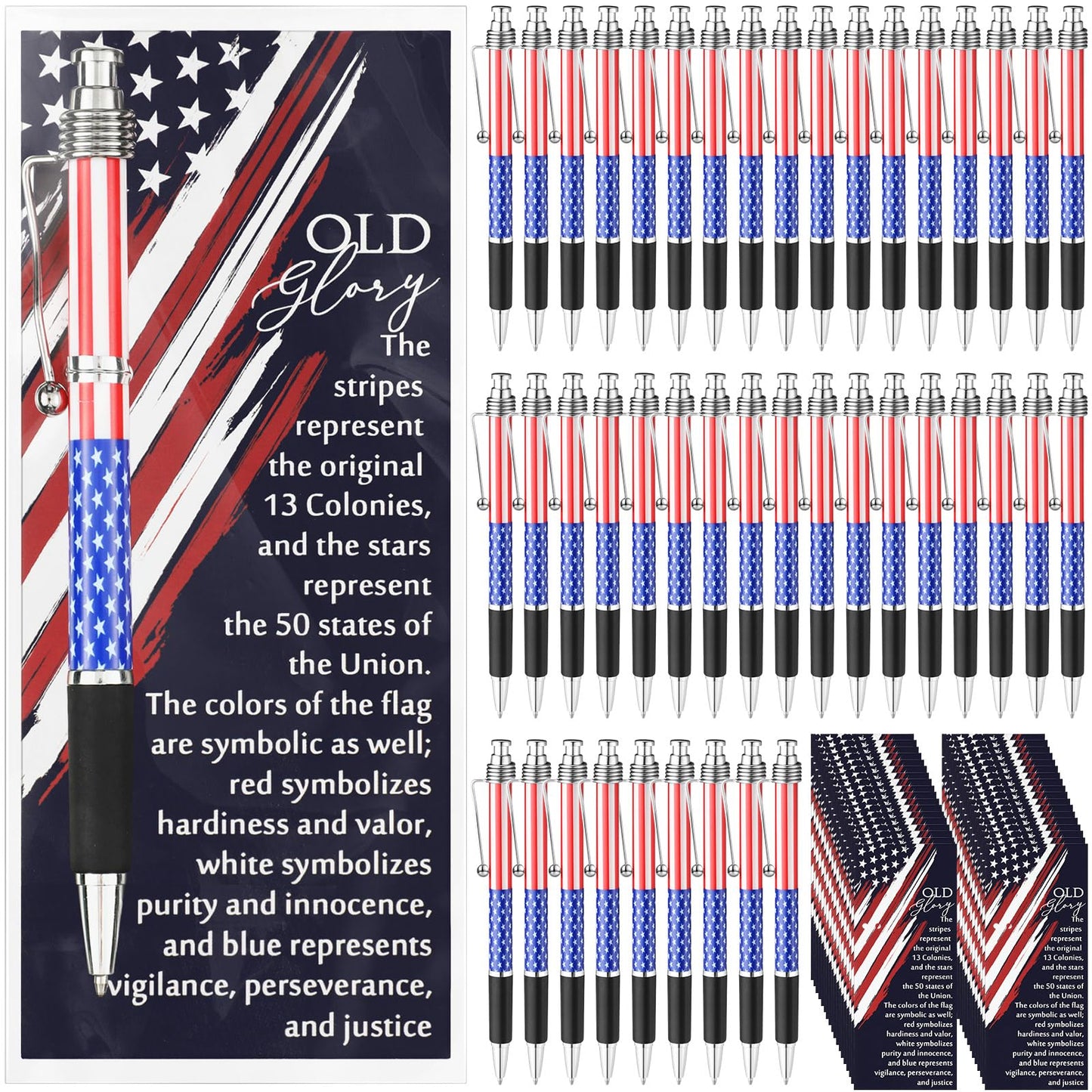 Motiskyy 100 Sets Patriotic Memorial Day Gifts American Flag Ballpoint Pens Bulk 4th of July Pen with Bookmarks 250th Anniversary Party Favors for Independence Day Veterans Souvenirs Decoration