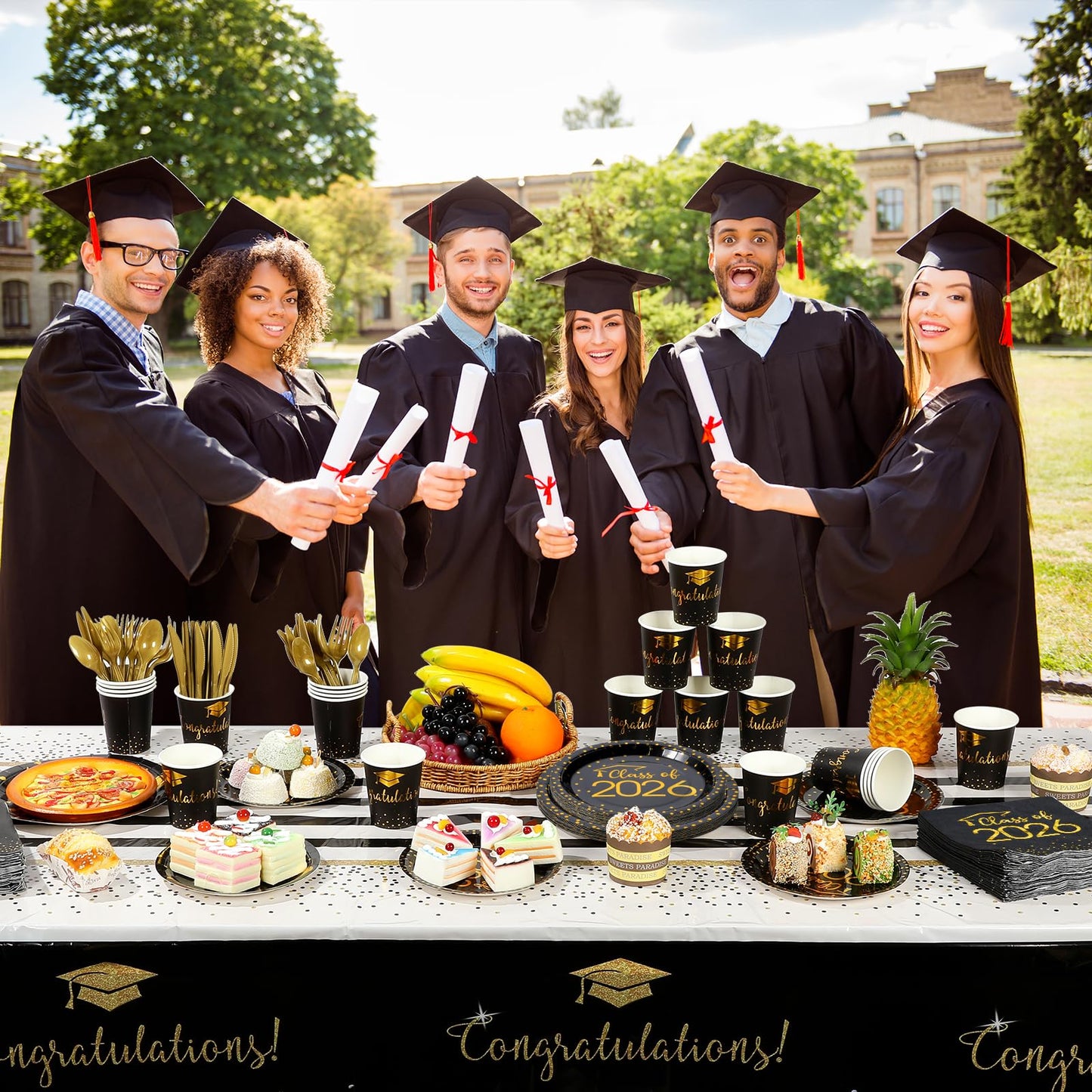 700pcs Class of 2026 Graduation Plates and Napkins Set, Disposable Paper Plate Set Polka Dots Napkins Cups Knife Fork Spoon for Graduation Party Decorations and Supplies,Serve 100 (Black Gold）