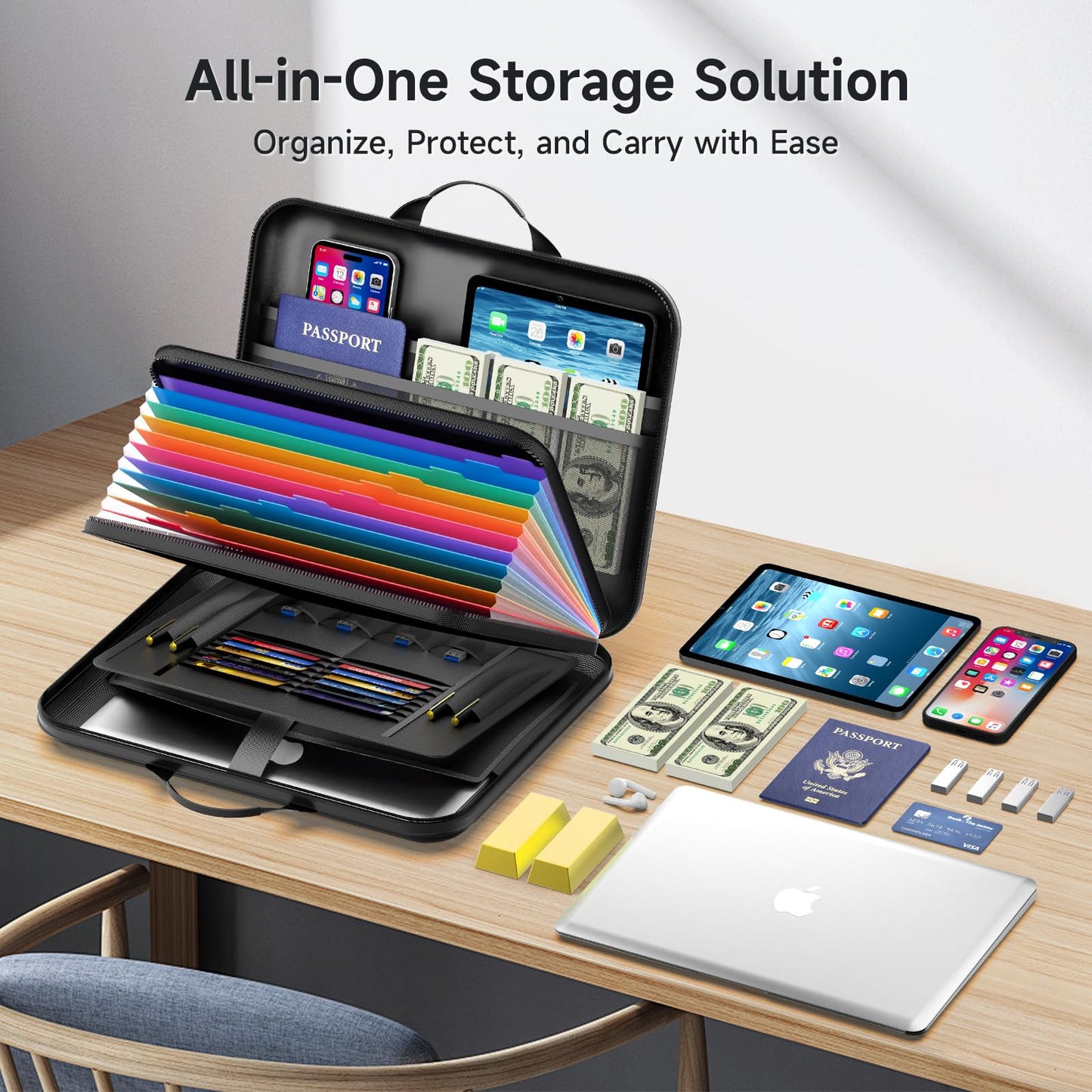 AOTRUTII Fireproof Document Box with Lock, Waterproof Hard-Shell File Organizer with 13-Pocket Accordion Folder & Multi-Compartments for Laptop, Documents, Passports & Valuables
