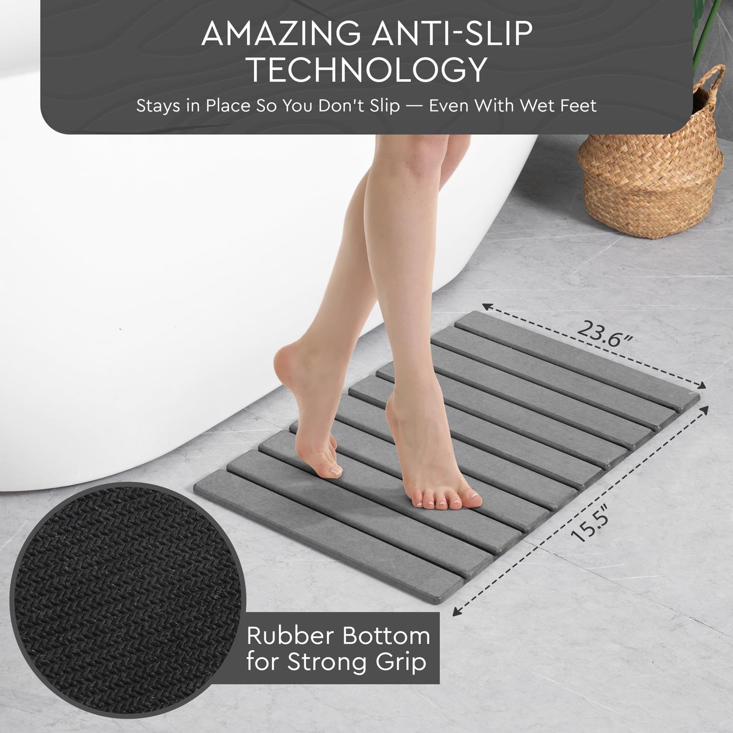 Foldable Stone Bath Mat | 23.6" x 15.4" Diatomaceous Earth Bath Mat with Anti-Slip Rubber Backing | Absorbent Bathroom Mat | Non Slip & Fast Drying Diatomite Stone Mat for Bathroom | Dark Grey
