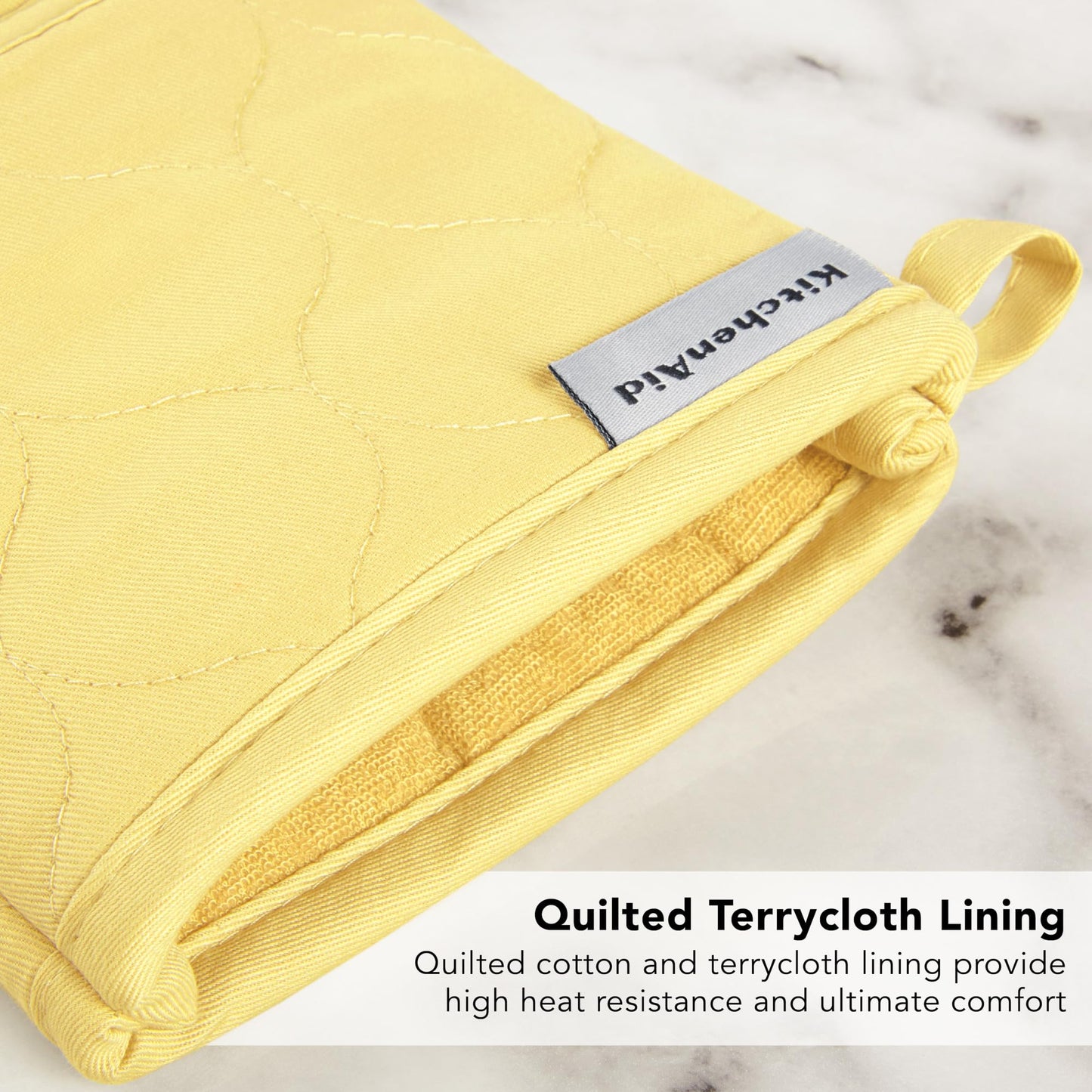 KITCHENAID Quilted Cotton Terry Cloth Oven Mitt, Pot Holder, Kitchen Towel 4-Pack Set, Heat Resistant, Silicone Grip, 16"x26", 7"x13" & 7"x10", Butter Yellow