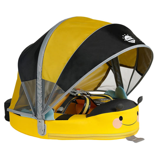 Mambobaby Float Add Tail Baby Swim Float with Canopy Solid Pool Infant Swim Trainer Swimming Training Lying Air Free Water Floats Non-Inflatable Waist Swim Ring for Toddlers (Bee)