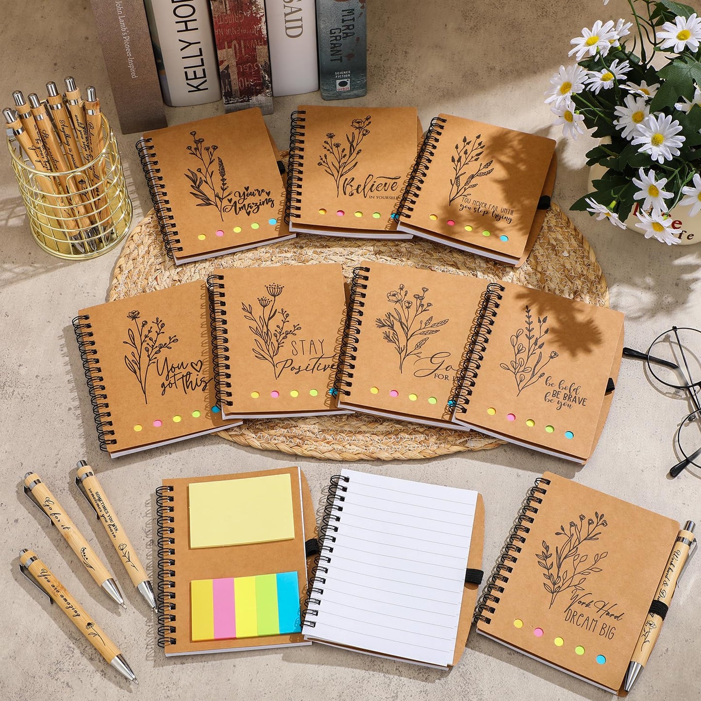 Watersay 20 Set End of Year Gifts for Teacher Students Bulk Inspirational Notebooks with Thank You Pens Employee Coworkers Staff Appreciation Gifts Volunteer Women Men (Boho Froal)