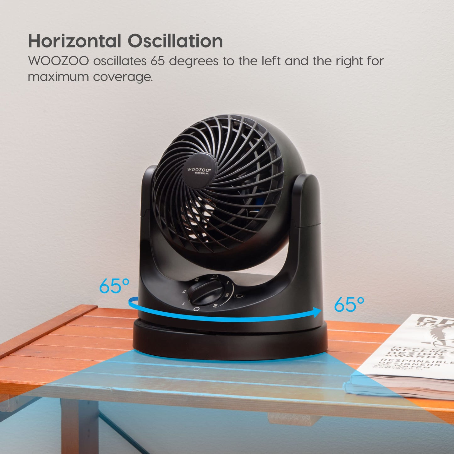 IRIS USA WOOZOO Desk Fan, Oscillating Air Circulator, 3 Speeds, 32ft Max Air Distance, 108ft² Coverage, 112° Adjustable Vertical Tilt, 27db Quiet Motor, Small Fan for Bedroom, Office, Dorm, Black