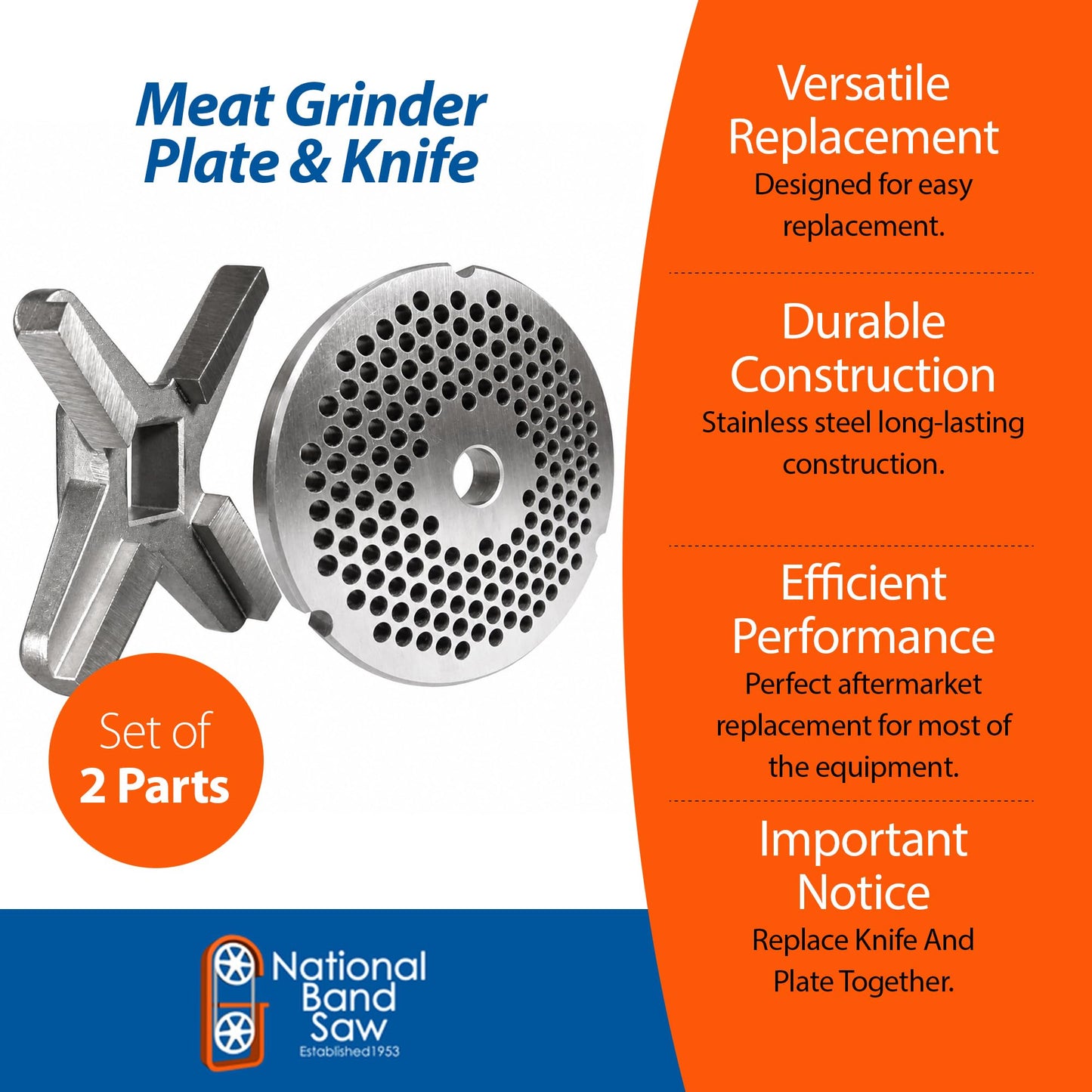 National Band Saw #32 Meat Grinder Plate and Knife Set – Compatible with Hobart, Biro, Enterprise, LEM, Tor Rey, and More – 3/16 Inch Hole Plate, Raised Edge Knife for Commercial Grinding Equipment