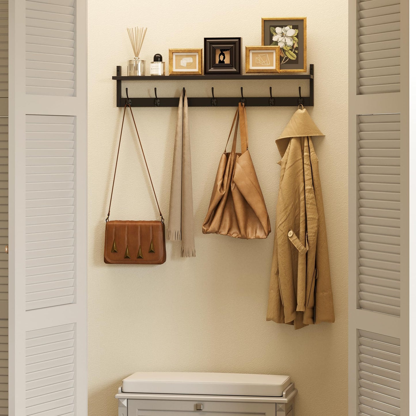 BAMEOS Wall Hooks with Shelf 35 Inch Length Entryway Hanging Shelf Wood Coat Hooks Wall-Mounted Coat Hook Rack with 7 Dual Hooks for Bathroom, Living Room, Bedroom (Black)