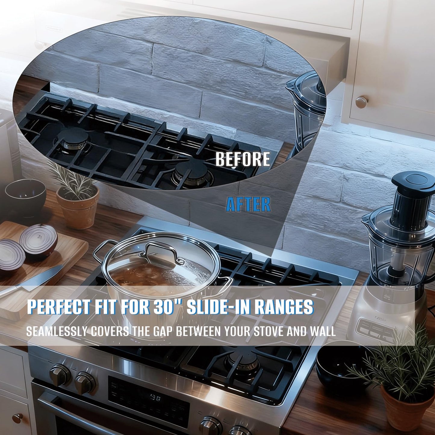 30" Slide-In Range Rear Filler Kit, Stainless Steel Stove Gap Filler Behind Range, Adjustable 1" or 2.25" Backguard Trim Kit, Easy Install Backsplash Gap Cover Compatible with 30" Ranges,Silver