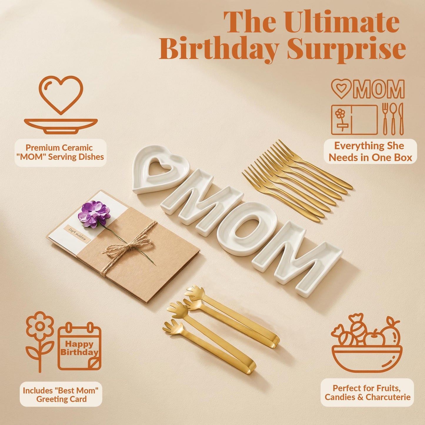 Mother’s Day & Birthday Gifts for Mom - Ceramic "MOM" Letter Candy Dishes & Charcuterie Board Set with 12 Gold Serving Utensils & 3D Greeting Card - Unique Table Decor for Party & Afternoon Tea