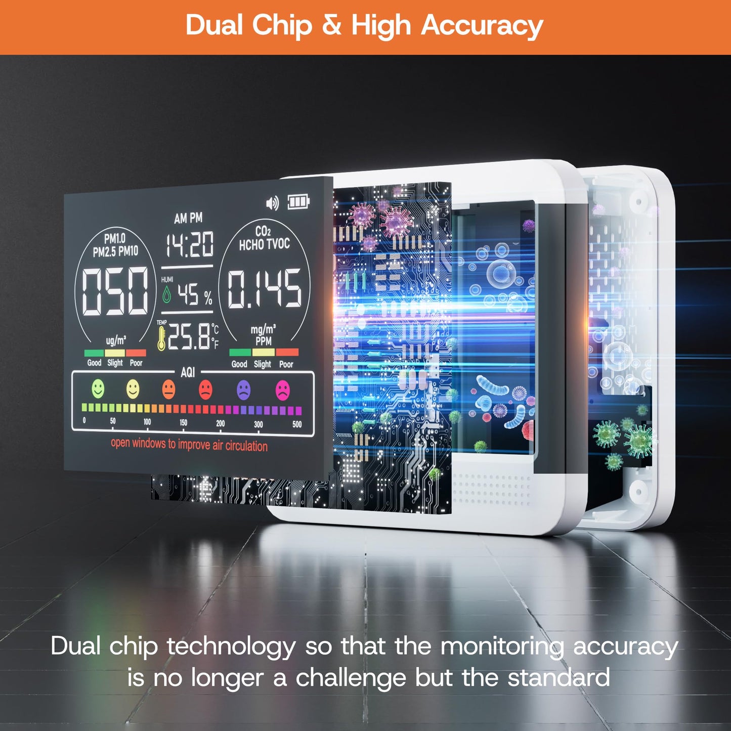 16-in-1 Indoor Air Quality Monitor with PM1.0,PM2.5,PM10,CO2,HCHO,TVOC,Temperature,Humidity,Time Display &7 AQI Alarms – Professional Air Quality Tester for Home, Office & Indoor Use (Creamy White)