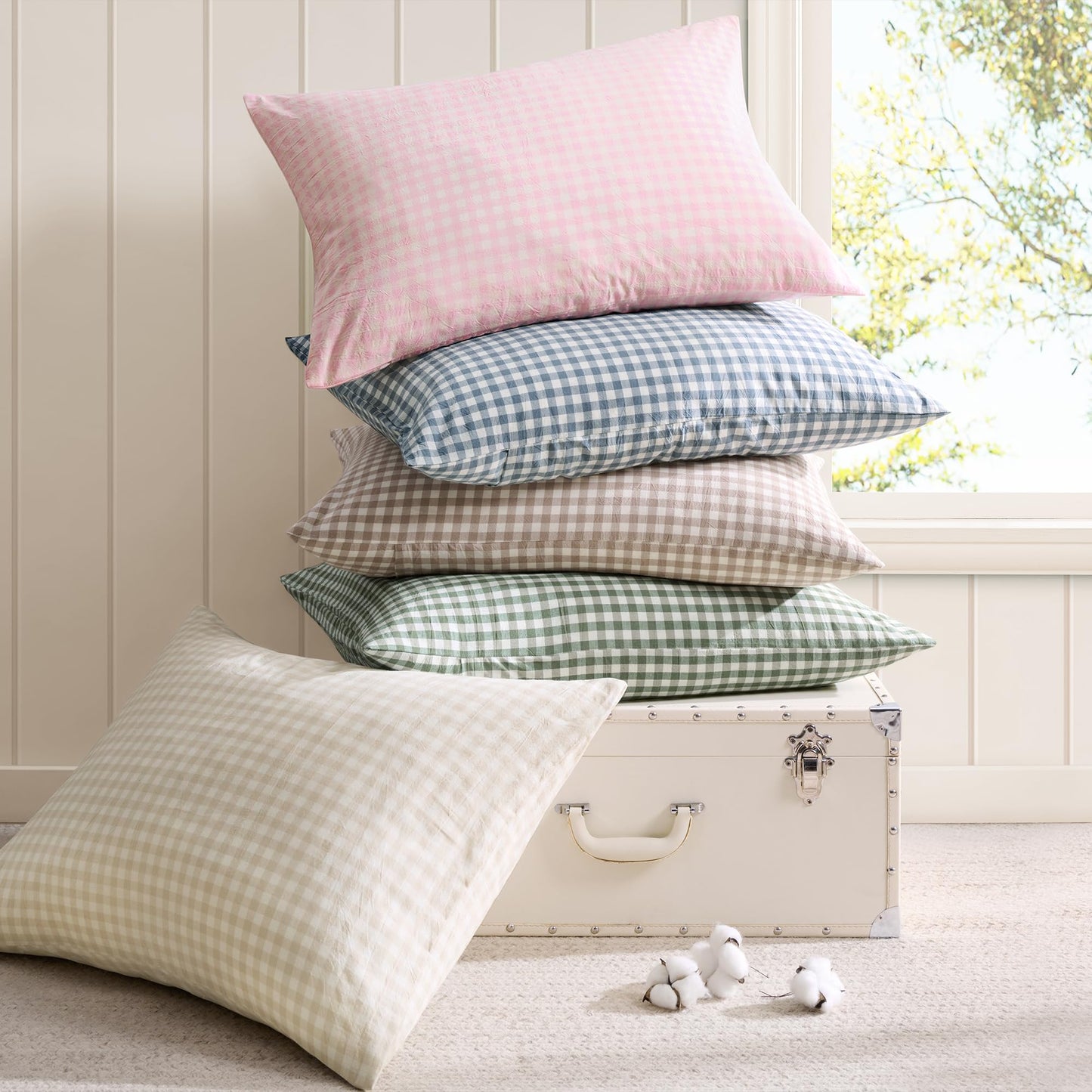 Andency Tan Gingham Duvet Cover King, 100% Wash Cotton Linen Like Textured Breathable Comforter Cover Set, 3 Piece Brown Classic Yarn-Dyed Checkered Plaid Bedding Set, 104"*90"