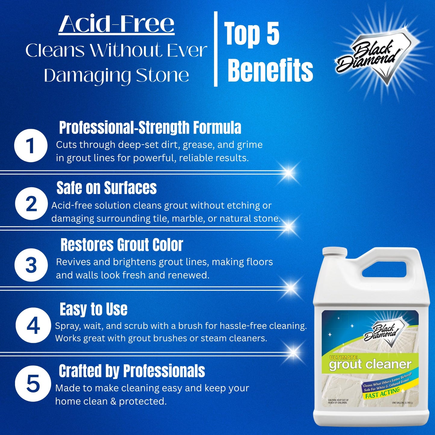 Black Diamond Ultimate Grout Cleaner: Best Cleaner for Tile, Ceramic, Porcelain, Marble Acid-Free Safe Deep Cleaner & Stain Remover for Even The Dirtiest Grout (1-Gallon)
