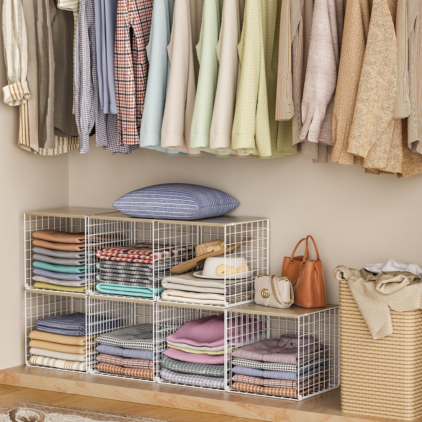 Hencawima 4 Pack Closet Organizers and Storage with Wood Top, Stackable Closet Shelf Organizer, Double Storage Design, Clothes Storage Basket/Cube Organizer for Wardrobe, Sturdy, White