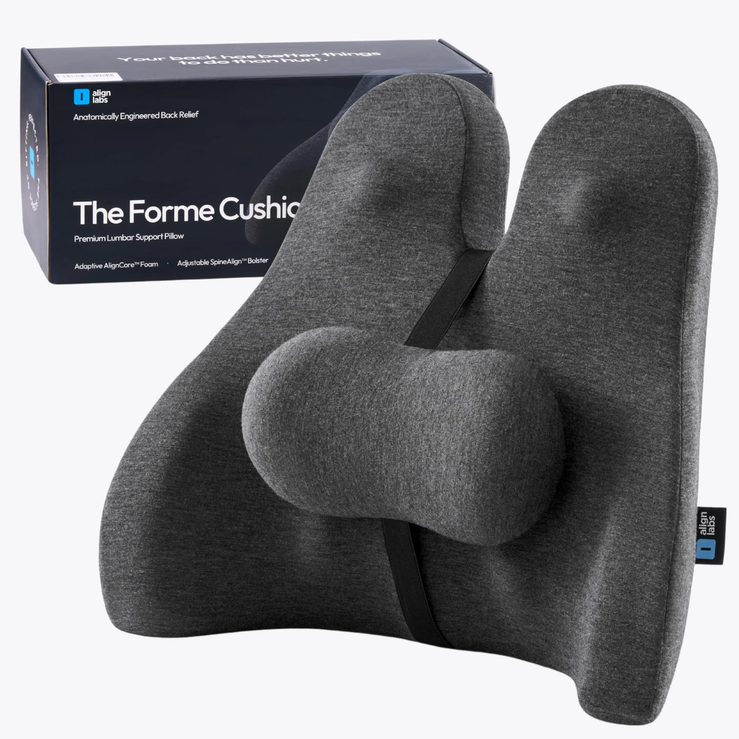Align Labs Lumbar Support Pillow for Office Chair - Lower Back Pain Relief Cushion with Adjustable SpineAlign™ Bolster, Memory Foam Pillow for Car, Couch, Gaming Seats - Dual Straps, Dark Grey