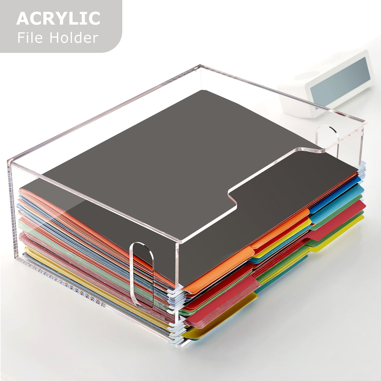 Tfirhuoe Acrylic Hanging File Folder Organizer, Letter Size Clear Filing Organizer Box with Handles, Magazine File Holder for Desk Home Office School - 1 Pack