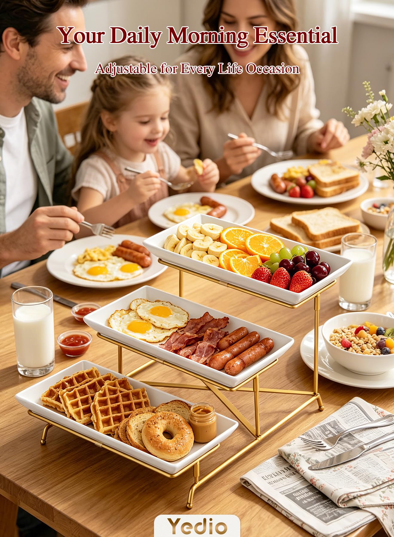Yedio 3 Tier Serving Tray Set 14 Inch Porcelain Tiered Serving Platters, Collapsible Sturdier Stand with Stable Cross Bars, Three Layer Serving for Party Entertaining Food Display Fruit Dessert