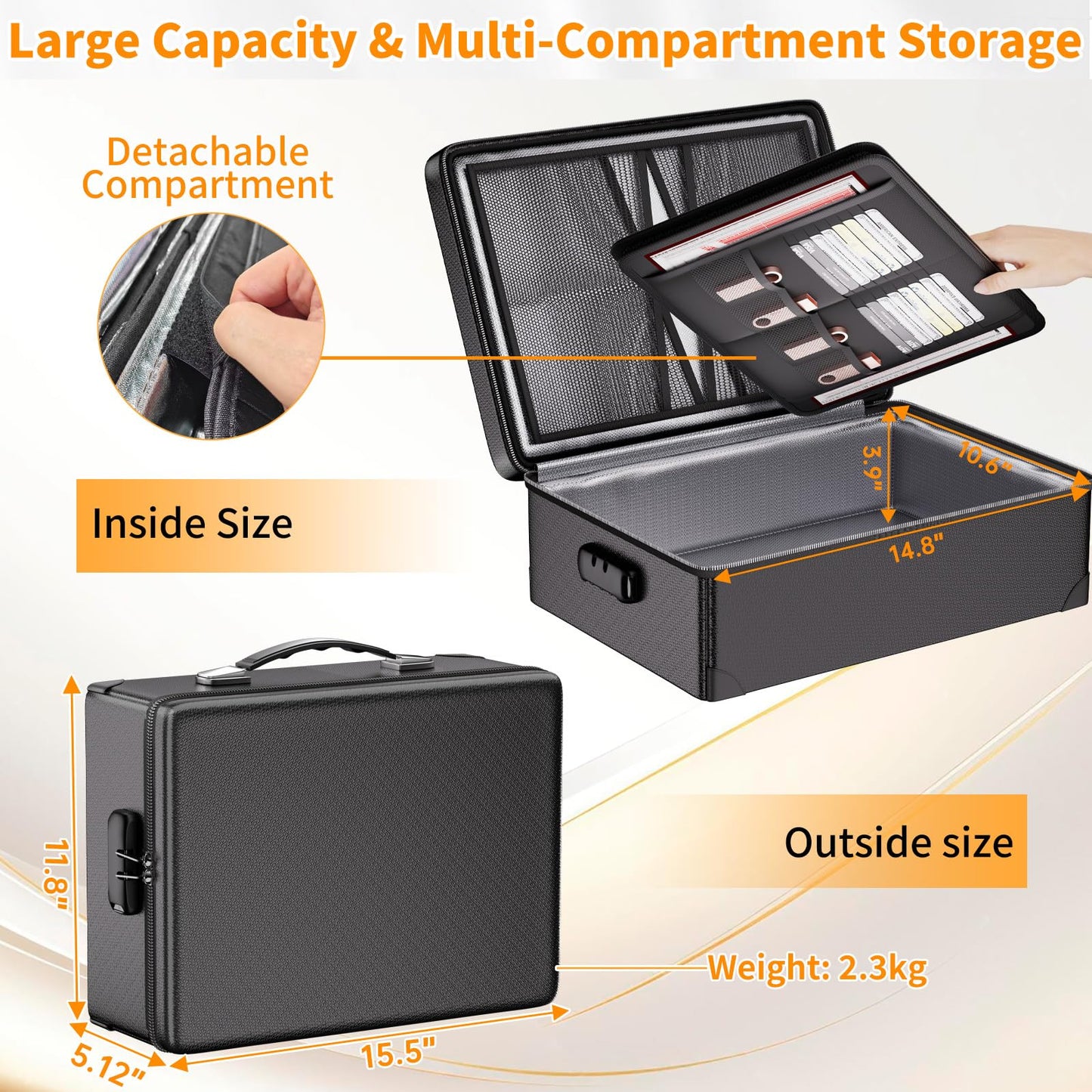 DocSafe Fireproof Document Box with Lock - 12 Layers Heat Insulated File Organizer Hard Case Safe Box with Fireproof Zipper, Home Safe Protects Important Documents, Passport, Cash (Black)