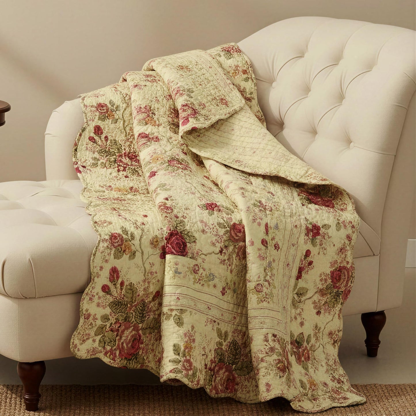 Greenland Home Fashions Antique Rose - Classic Traditional Floral - 100% Cotton Quilted Throw Blanket, 50 x 60 inches, Ecru