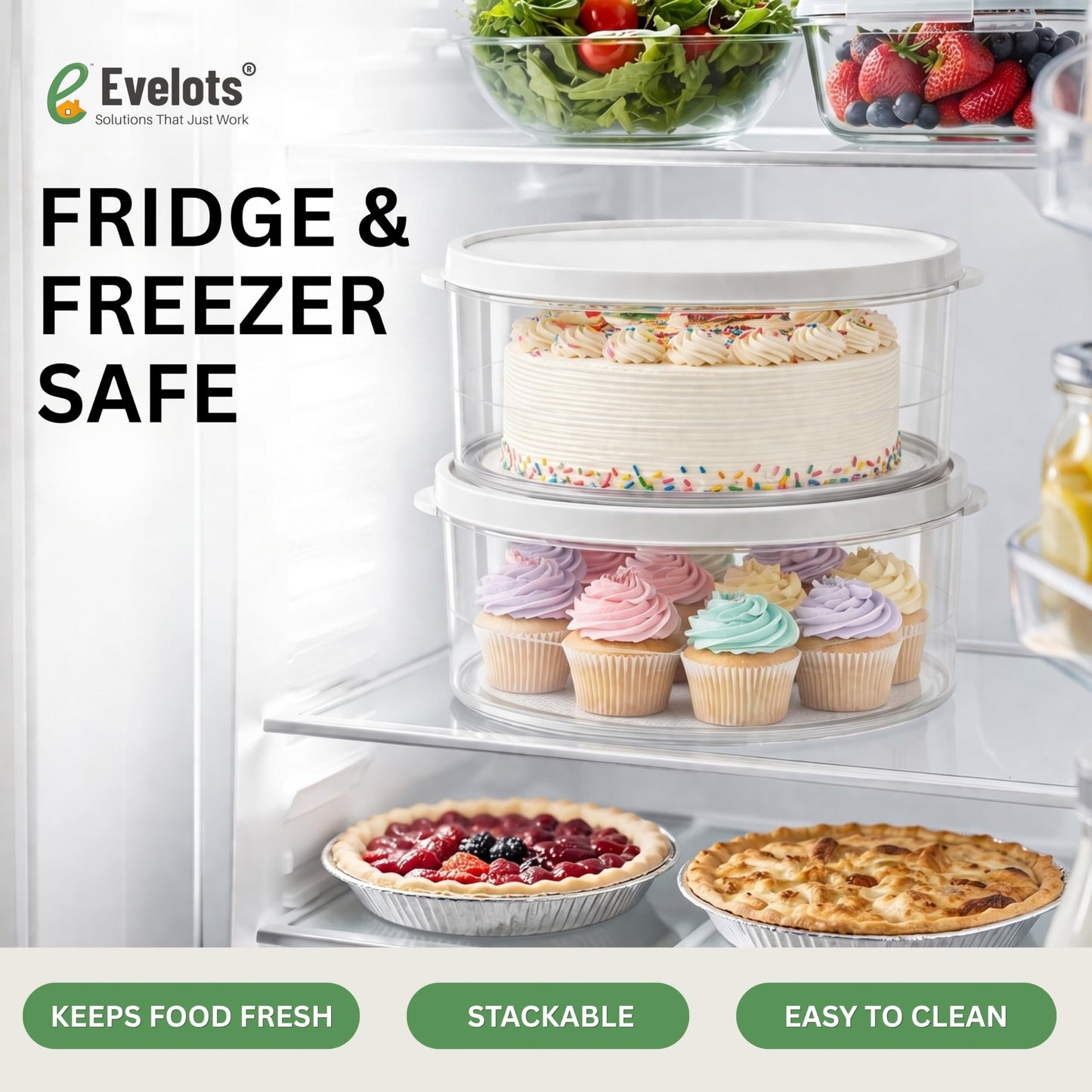 Evelots 2-Pack 10-Inch Airtight Food Storage Container with Lid - Portable Carrier for Pies, Cakes, Cupcakes & More - BPA-Free Clear Plastic - Secure & Easy Transport